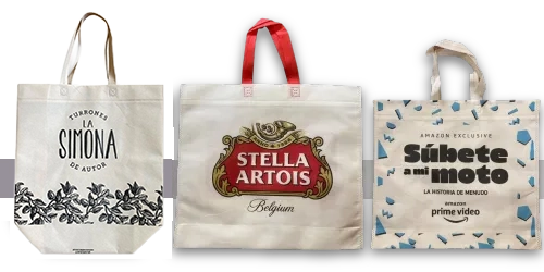 Bolsas ecológicas de friselina con asas, fuelle inferior y lateral personalizadas con logo