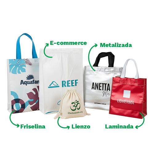 Modelos de bolsas ecológicas reutilizables personalizadas con logo: friselina, laminadas y metalizadas